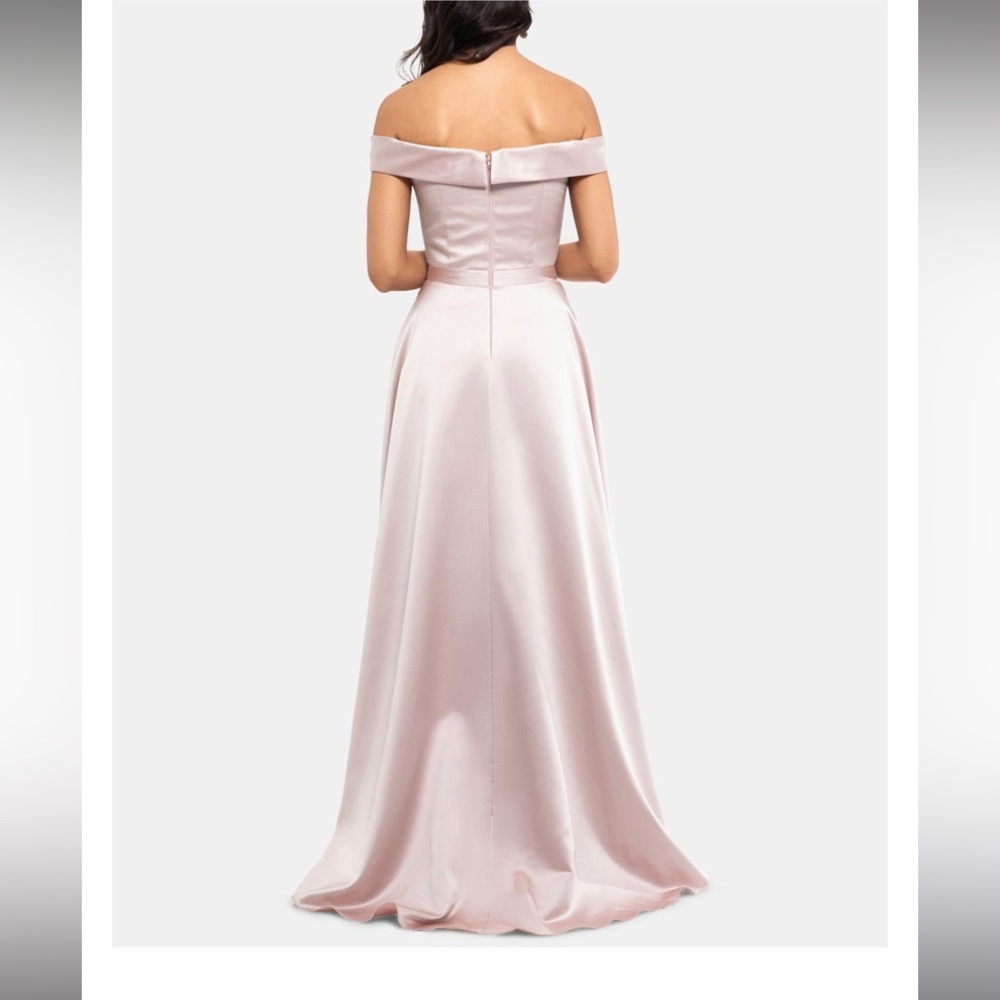 Xscape Off-the-Shoulder Short Sleeve Neck Thigh High Slit Pleated Gown